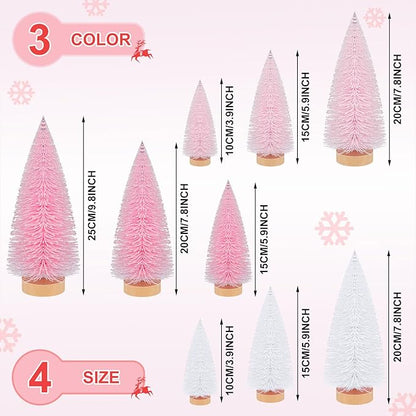 Leyndo 9 Pcs Pink Color Mini Sisal Bottle Brush Trees Small Artificial Christmas Tree with Wood Base Christmas Pine Decor for Home Table Holiday Party Decor