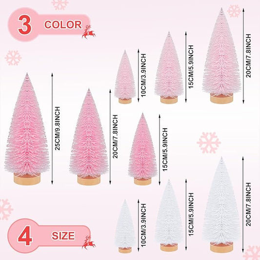 Leyndo 9 Pcs Pink Color Mini Sisal Bottle Brush Trees Small Artificial Christmas Tree with Wood Base Christmas Pine Decor for Home Table Holiday Party Decor