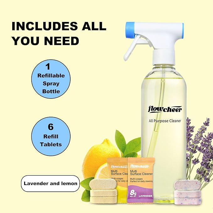 Multi-Purpose Cleaner Starter Kit-Lavender and Lemon Scent all purpose cleaner concentrate,cleaning tablets (6 Refill tablets) with Reusable Bottle Multi-Surface Household Cleaner,6 x17fl oz