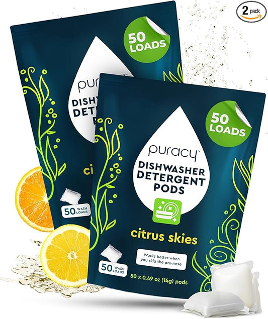 Puracy Dishwasher Pods, Natural Dishwasher Detergent, Citrus Skies Dish tabs - Enzyme-Powered, Spot & Residue Free - TikTok Trend Items, Must Haves from TikTok (Citrus Skies, 50 Count - 2 Pack)