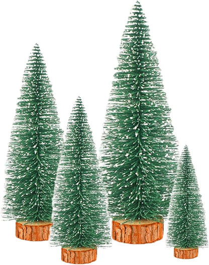 Bottle Brush Christmas Trees Mini Christmas Trees Small Christmas Trees Mini Pine Trees Desktop Miniature Christmas Trees with Snow and Wooden Base for Crafting Decorations (Tree Green 4pcs)