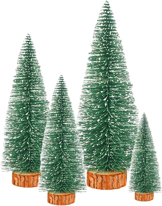Bottle Brush Christmas Trees Mini Christmas Trees Small Christmas Trees Mini Pine Trees Desktop Miniature Christmas Trees with Snow and Wooden Base for Crafting Decorations (Tree Green 4pcs)
