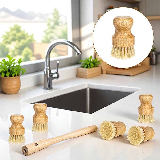 12 Pcs Bamboo Dish Scrub Brushes Kitchen Dishwashing Cleaning Brush Wooden Scrubbers Set Sisal Bristles Cleaner Scrubber for Washing Cast Iron Pan Pot Sink Spatula