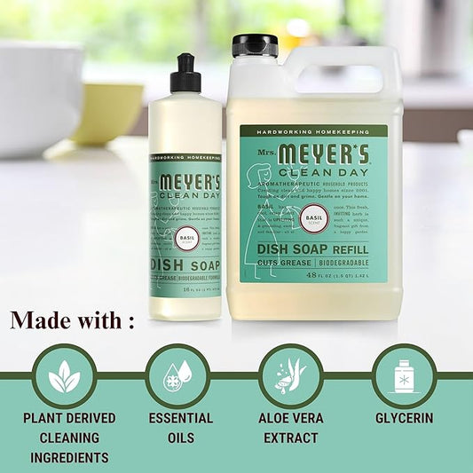 Mrs. Meyer's Basil Dish Soap Set - 16oz Bottle, 48oz Refill, and Dual-Sided Microfiber & Scrubbing Towel