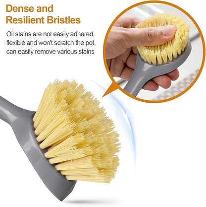 Kitchen Scrub Brushes with Bamboo Handle Built-in Scraper, Dish Brush for Cleaning Pans, Pots, Sink and Counter, 2 Pack