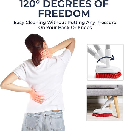 Shower Scrubber with Long Handle, Stiff Bristles Grout-Brush, Tub Scrub-Brush with Long-Handle, Shower-Cleaner Brush, Grout Cleaning Brush for Tile floors, Scouring Pad & Microfiber Cloth for Bathroom
