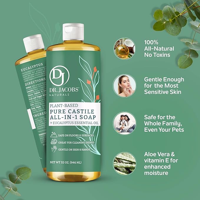 Dr. Jacobs Naturals Eucalyptus Castile All-In-One Cleaner and Soap, Effective Plant-Based Formula for House Cleaning. Eco-friendly for Home Essentials and the Planet (32 Fl Oz, 2 Pack)