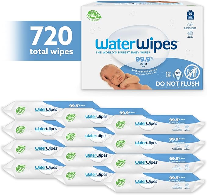 WaterWipes Plastic-Free Original Baby Wipes, 99.9% Water Based Wipes, Unscented & Hypoallergenic for Sensitive Skin, 60 Count (Pack of 12), Packaging May Vary