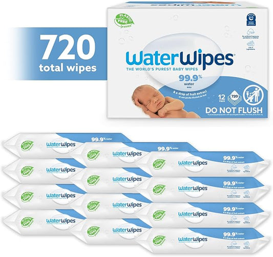 WaterWipes Plastic-Free Original Baby Wipes, 99.9% Water Based Wipes, Unscented & Hypoallergenic for Sensitive Skin, 60 Count (Pack of 12), Packaging May Vary