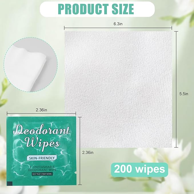 200 Pcs Deodorant Wipes Individually Wrapped Mini Deodorant Travel Size Wet Armpit Wipes Travel Deodorants Bulk for Women Men Homeless Personal Cleansing Wipe Butt Hands Face Underarm Sports(Jasmine)