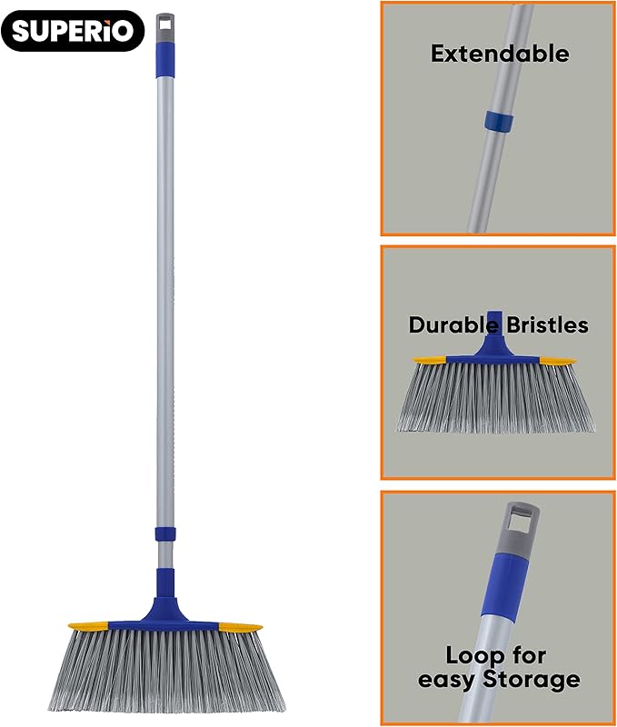 Slim Angle Broom with Extendable Handle 53" Long, Durable Collapsible Broom for Home, Kitchen, RV, Travel (Blue, 2)