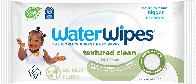WaterWipes Plastic-Free Textured Clean, Toddler & Baby Wipes, 99.9% Water Based Wipes, Unscented & Hypoallergenic for Sensitive Skin, 60 Count (1 pack)