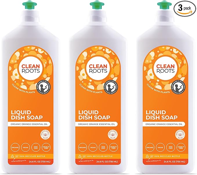 Liquid Dish Soap, EcoGarantie Certified 100% Organic & Natural Ingredients, Dermatologically Tested & Approved, Scented with Organic Orange Essential Oil, Pack of Three 24.6 fl oz (750 mL)