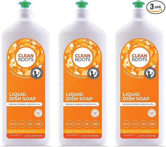 Liquid Dish Soap, EcoGarantie Certified 100% Organic & Natural Ingredients, Dermatologically Tested & Approved, Scented with Organic Orange Essential Oil, Pack of Three 24.6 fl oz (750 mL)