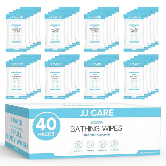 JJ CARE Shower Wipes For Adults No Rinse - Bulk Pack of 40 Body Wipes for Adults Bathing | 320 Count Disposable No Rinse Disposable Washcloths, Waterless Body Wash for Elderly