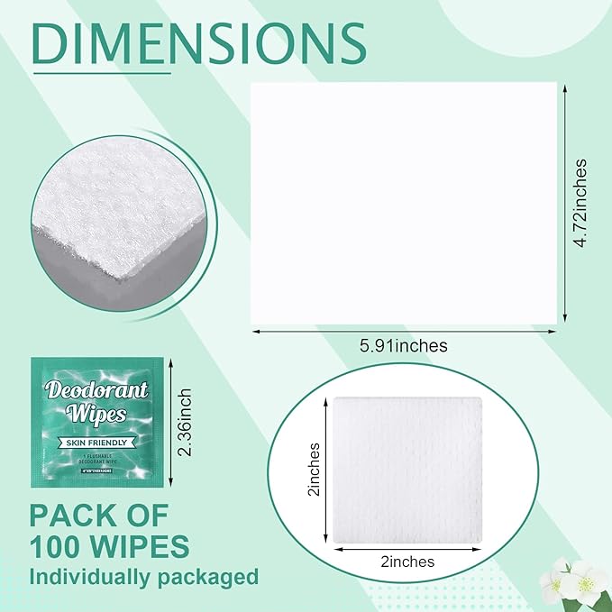 Timgle 100 Pcs Travel Deodorant Wipes Individually Wrapped Armpit Antiperspirant Deodorant Sweat Body Wipes for Women Men Teens Sports Travel Cleanse Skin and Underarm Excessive Sweating (Jasmine)