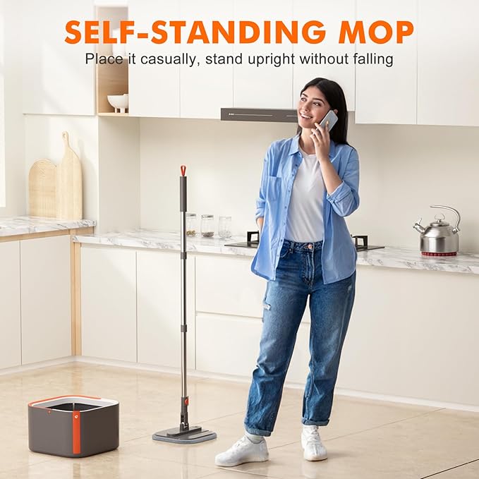 Upgraded Spin Mop and Bucket Set Self-Standing Rod Separate Dirty and Clean Water System Self Wringing 360° Rotating 90° Foldabl for Hard Floor Cabinet Windows Wall（Dark Gray, 6Pads