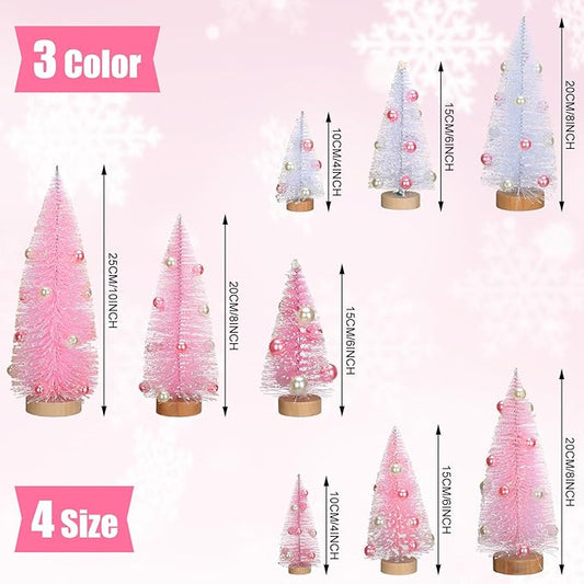 Leyndo 9 Pcs Pink Pearl Color Mini Sisal Bottle Brush Trees Small Artificial Christmas Tree with Wood Base Christmas Pine Decor for Winter Home Table Party Decor
