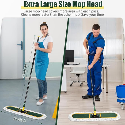 24" Commercial Dust Mop for Floor Cleaning, Heavy Duty Large Mop with Replacement Mops Pads, Industrial Duster Floor Wet Dry Broom for Cleaning Office Garage Hardwood Warehouse (Green, 24" mop)