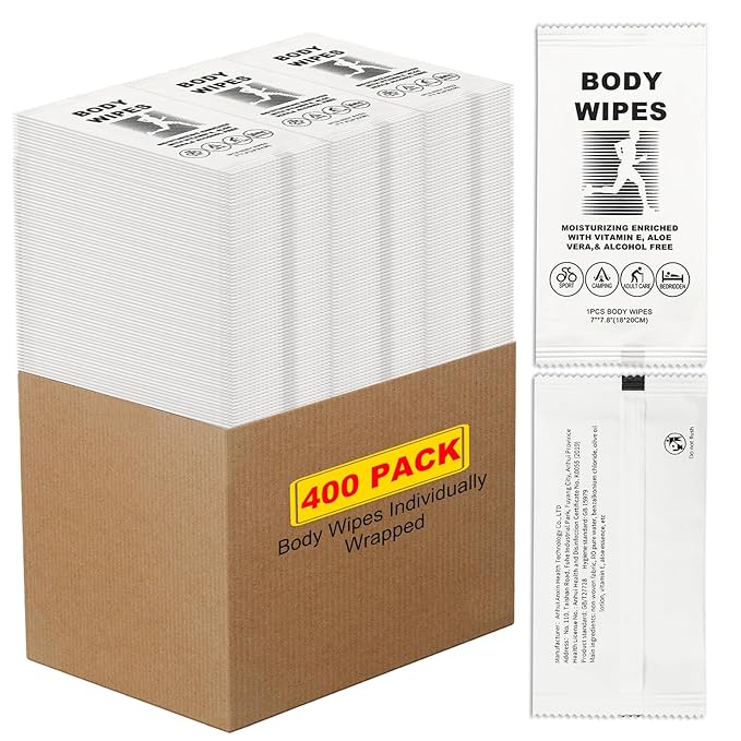 Body Wipes for Women and Men Individually Wrapped Face and Body Wipes, Bath Wipes for Adults No Rinse Personal Cleansing Wipes Travel, Bulk Deodorant for Homeless Shower Wipes for Camping Hiking (400)