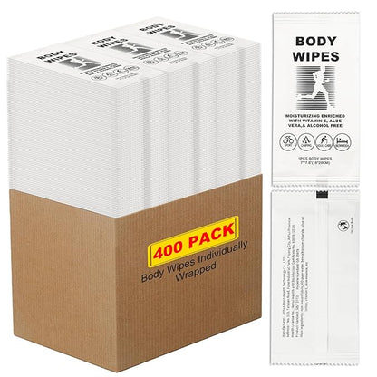 Body Wipes for Women and Men Individually Wrapped Face and Body Wipes, Bath Wipes for Adults No Rinse Personal Cleansing Wipes Travel, Bulk Deodorant for Homeless Shower Wipes for Camping Hiking (400)