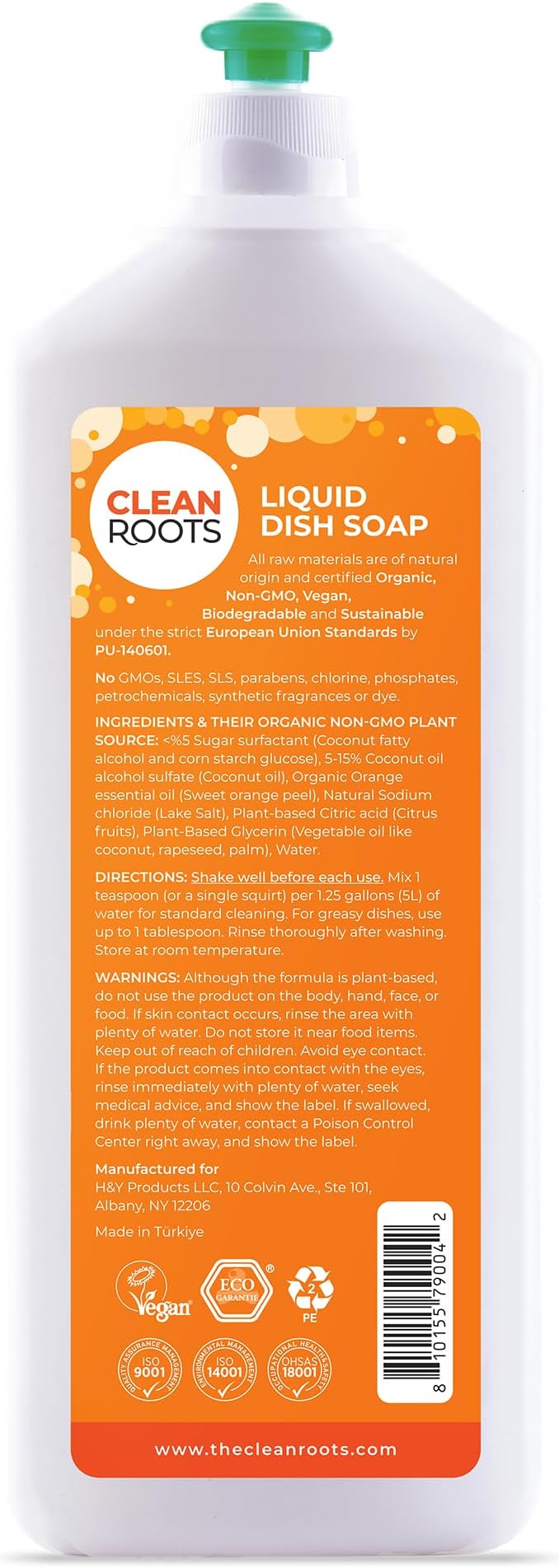 Liquid Dish Soap, EcoGarantie Certified 100% Organic & Natural Ingredients, Dermatologically Tested & Approved, Scented with Organic Orange Essential Oil, Pack of Three 24.6 fl oz (750 mL)