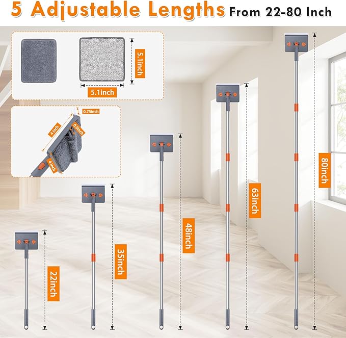 Baseboard Cleaner Tool with Handle, 80" Long Handle Mop with 6 Reusable Cleaning Pads, Duster Cleaning Tools for Baseboards/Ceiling/Floor, Microfiber Ceiling Wall Window Cleaner