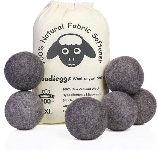 Wool Dryer Balls Dark Grey XL 6-Pack, 100% New Zealand Organic Fabric Softener for 1000+ Loads, Baby Safe & Hypoallergenic, Reduce Wrinkles & Shorten Drying Time Naturally (6pcs Grey-XL)