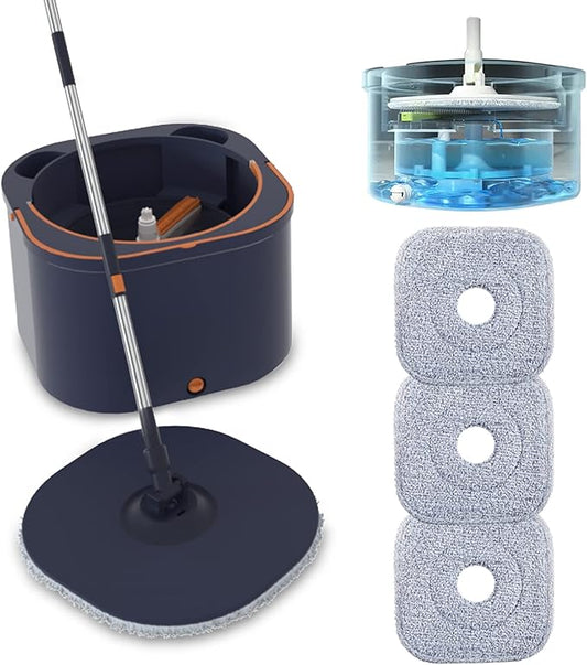 Flat Floor Mop and Bucket System Set with Wringer, Spin Mop and Bucket Separate Clean and Dirty Water with Self Separation for Hardwood, Laminate, Tile, Floor Cleaning, Wet and Dry Use, Navy Blue