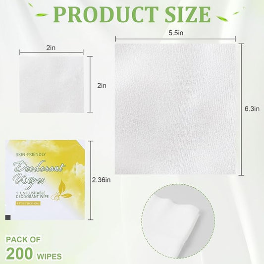 200Pcs Travel Deodorant Wipes, Travel Size Mini Deodorant Wipes Bulk for Homeless, Individually Wrapped Body Cleaning Supplies for Women Wet Armpit for Body Cleanin Lemon
