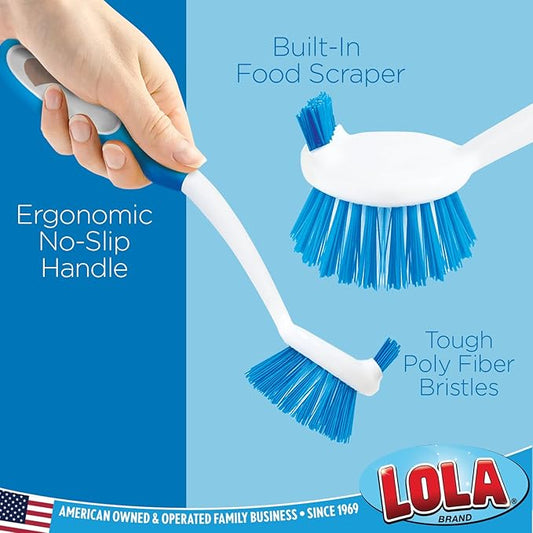 Dish Brush Scrubber for Kitchen, by LOLA, Has Stiff Bristles & Food Scraper, Comfort No-Slip Grip Handle, Safe for Non-Stick & Coated Cookware, 2 Pack
