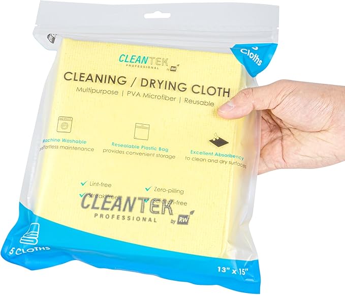 Clean Tek Professional 13 x 15 Inch Cleaning Cloths, 5 Reusable Cloth Towels - Machine Washable, Absorbent, Yellow PVA Microfiber Cleaning Rags, Fast Drying, For Windows Or Cars - Restaurantware