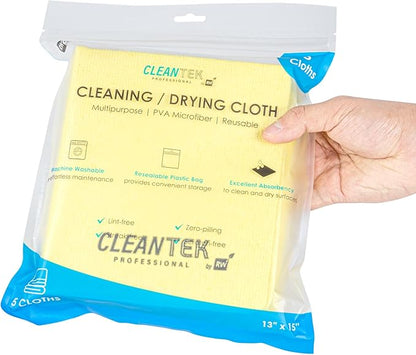 Clean Tek Professional 13 x 15 Inch Cleaning Cloths, 5 Reusable Cloth Towels - Machine Washable, Absorbent, Yellow PVA Microfiber Cleaning Rags, Fast Drying, For Windows Or Cars - Restaurantware