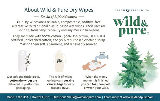 100% Cotton Dry Wipes with Dispenser Bag & 4 Refills | Wild & Pure | Unbleached | Compostable | Reusable or Disposable | Made in USA | Soft & Absorbent (5 Rolls with 30 sheets each)