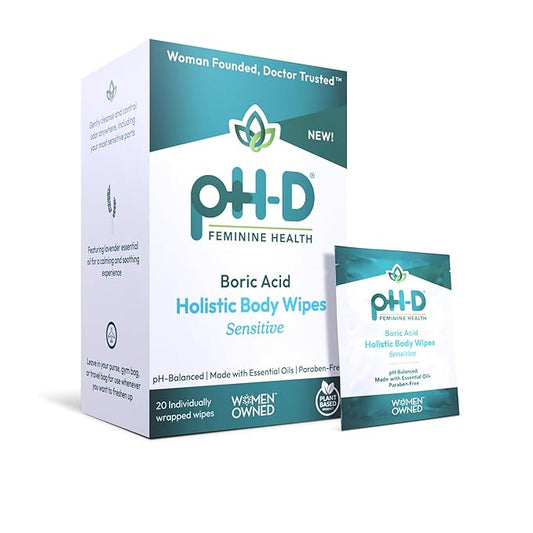 pH-D Feminine Health Support - Boric Acid Wipes - Holistic Body Wipes - Travel Friendly, pH-Balanced, Paraben-Free, and Made with Essential Oils - Sensitive - 20 count
