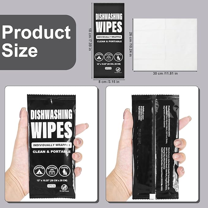 Dish Wipes Individually Wrapped, Portable Kitchen Disposable Wipes Bulk Travel Size Dishwashing Wipes for Outdoor Traveling/Camping/Hotel （12 x 10.2 inch,50Pack)