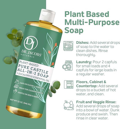 Dr. Jacobs Naturals Eucalyptus Castile All-In-One Cleaner and Soap, Effective Plant-Based Formula for House Cleaning. Eco-friendly for Home Essentials and the Planet (32 Fl Oz, 2 Pack)