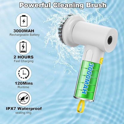 Electric Spin Scrubber with 5 Brush Heads,Cordless Power Scrubber for Arthritis and Seniors Cleaning Kitchen Bathroom Floor Stove with 2 Adjustable Speeds Type-C Charger&Long Last Battery (White-1)