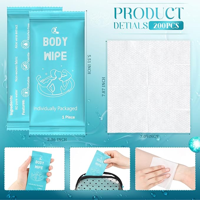 Timgle 200 Pcs Body Wipes Individually Wrapped Bath for Adults Face Hand Deodorant Body Wipes Pearl Pattern Wet Shower with Aloe Bathing Disposable Cleansing for Travel Gym Travel