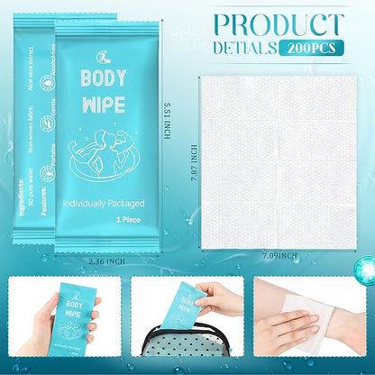 Timgle 200 Pcs Body Wipes Individually Wrapped Bath for Adults Face Hand Deodorant Body Wipes Pearl Pattern Wet Shower with Aloe Bathing Disposable Cleansing for Travel Gym Travel