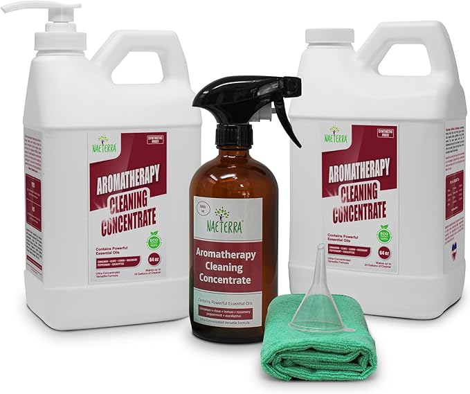 Naeterra Aromatherapy Cleaning Concentrate - Household Cleaner - All Natural, Plant Based, Synthetic Free 1 Gallon plus 16 Oz empty glass spray bottle. towel and funnel