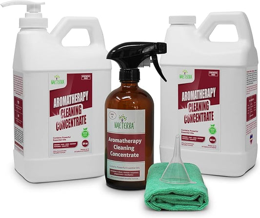 Naeterra Aromatherapy Cleaning Concentrate - Household Cleaner - All Natural, Plant Based, Synthetic Free 1 Gallon plus 16 Oz empty glass spray bottle. towel and funnel