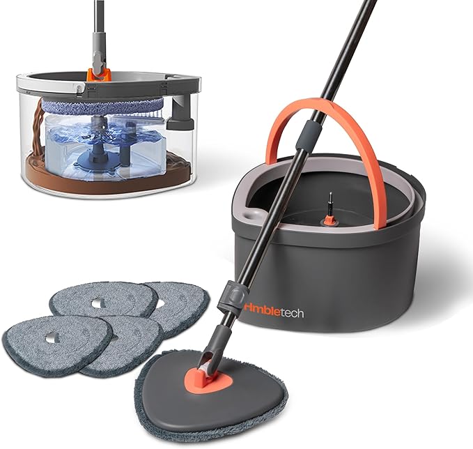 Dual Chamber Spin Mop and Bucket System, Mop Bucket Separate Dirty Water, Mop and Bucket Set with Self-Wringing 360° Rotating Mop Head, Includes 4 Washable Microfiber Mop Pads. (Grey)