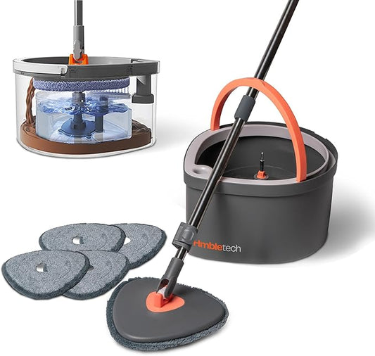 Dual Chamber Spin Mop and Bucket System, Mop Bucket Separate Dirty Water, Mop and Bucket Set with Self-Wringing 360° Rotating Mop Head, Includes 4 Washable Microfiber Mop Pads. (Grey)
