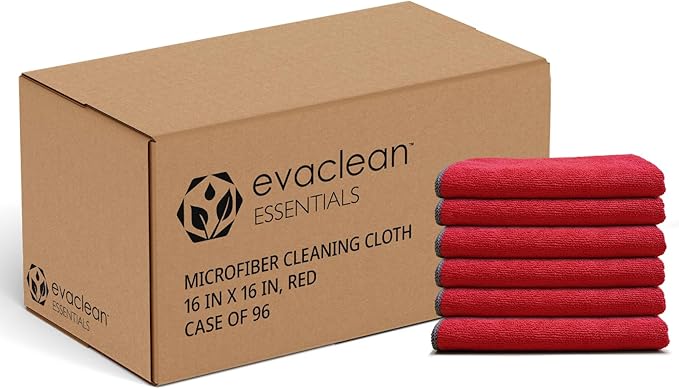EvaClean Essentials Premium Microfiber Cleaning Cloth 16"x16" - Reusable, Washable, Non-Scratch, Microfiber Towels for Cleaning, Dusting, Polishing, High Absorbency & Durability, Red, 96-Pack