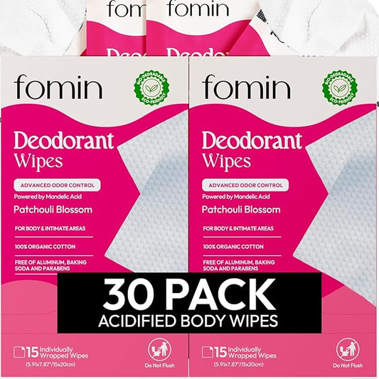 FOMIN Acidified Travel Deodorant Wipes For Women & Men - 30 Count - Patchouli Blossom - pH Balanced, Mini Deodorant Travel Size Wipes - Plastic-Free, Individually Wrapped Underarm Body Wipes