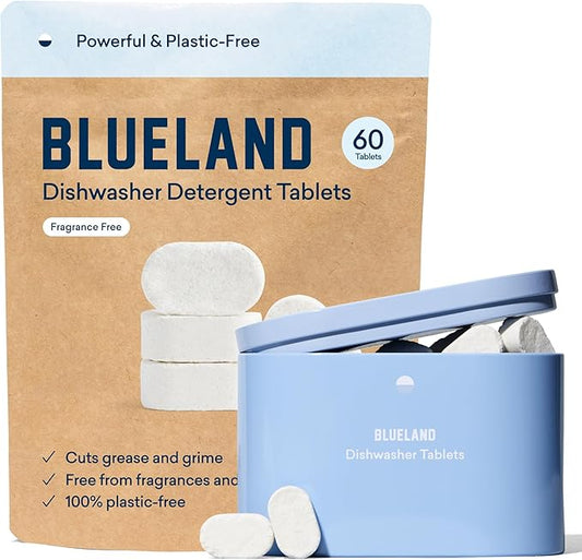 BLUELAND Dishwasher Detergent Tablets, Starter Set, 60 Count with Tin, Unscented 100% Plastic-Free Eco Friendly Dishwashing Pods, Natural, Sustainable