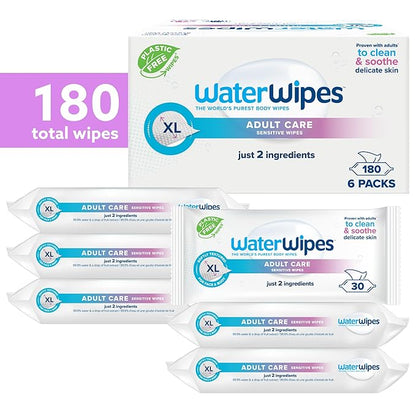 WaterWipes Adult Care Wipes, Extra-large 99.9% Water Based Wipes, Unscented & Hypoallergenic for Sensitive Skin, 180 Count (6 Packs)
