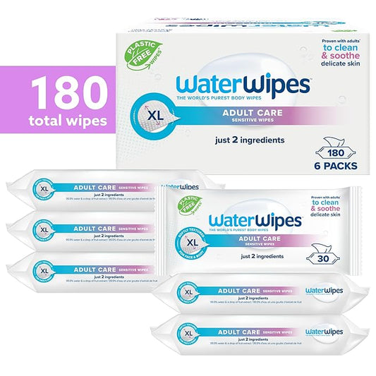 WaterWipes Adult Care Wipes, Extra-large 99.9% Water Based Wipes, Unscented & Hypoallergenic for Sensitive Skin, 180 Count (6 Packs)