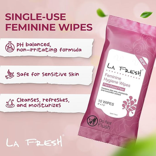 LA Fresh Feminine Wipes with Aloe Vera, Chamomile Extract, Cucumber, and Vitamin E, Pack of 3 10-count Pouches (30-count)